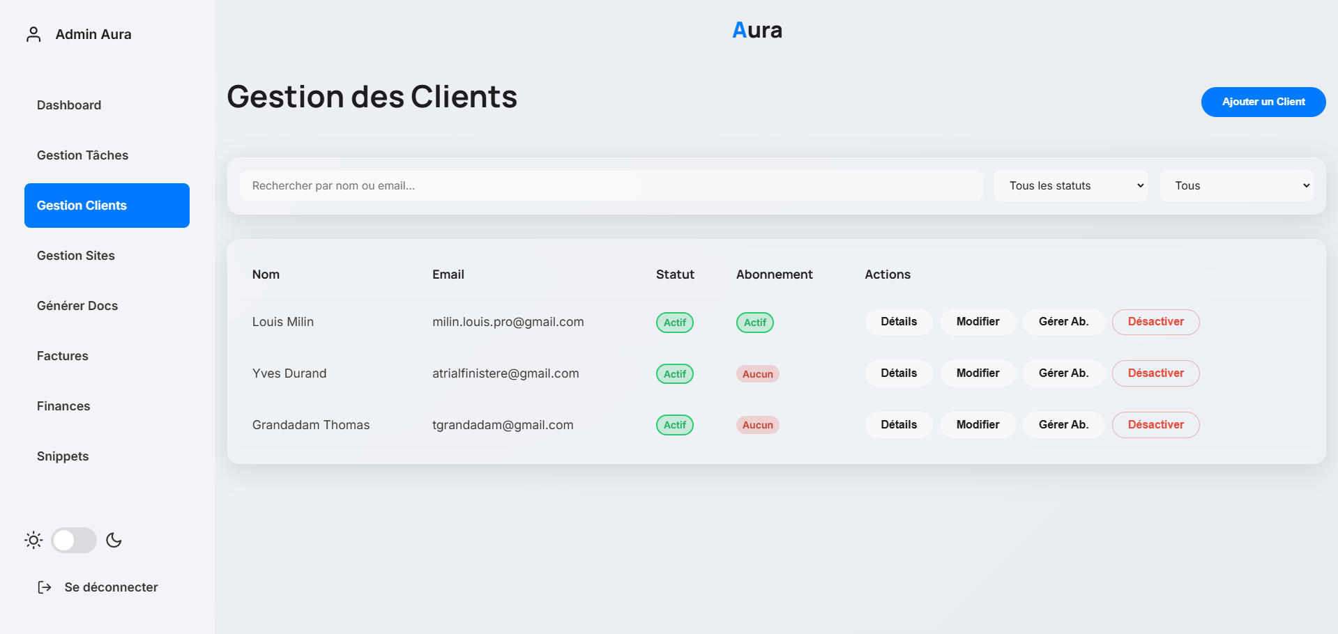 Aperçu de notre portail admin