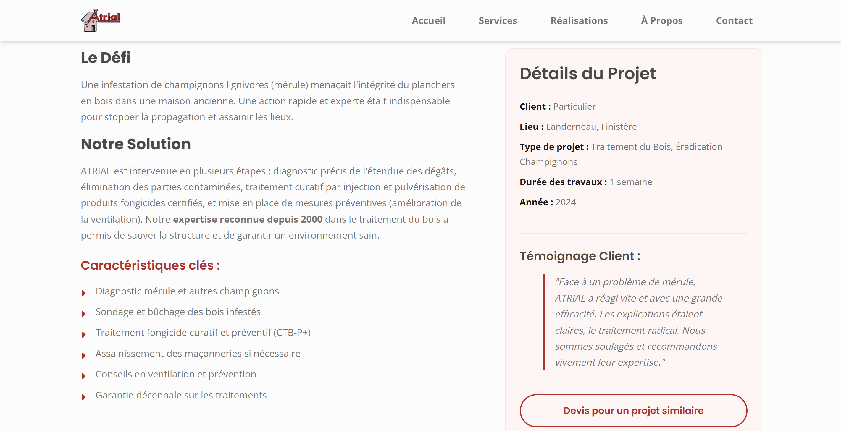 Page de détails d'un projet de Atrial Rénovation